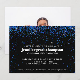 Confetti Glitter Blue Black Photo Graduation Party Invitation