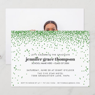 Confetti Glitter Green White Photo Grad Party Invitation