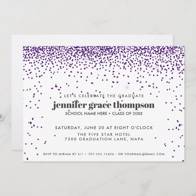 Confetti Glitter Purple White Photo Grad Party Invitation (Front/Back)