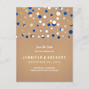 Confetti Gold and Blue Save the Date Announcement Postcard