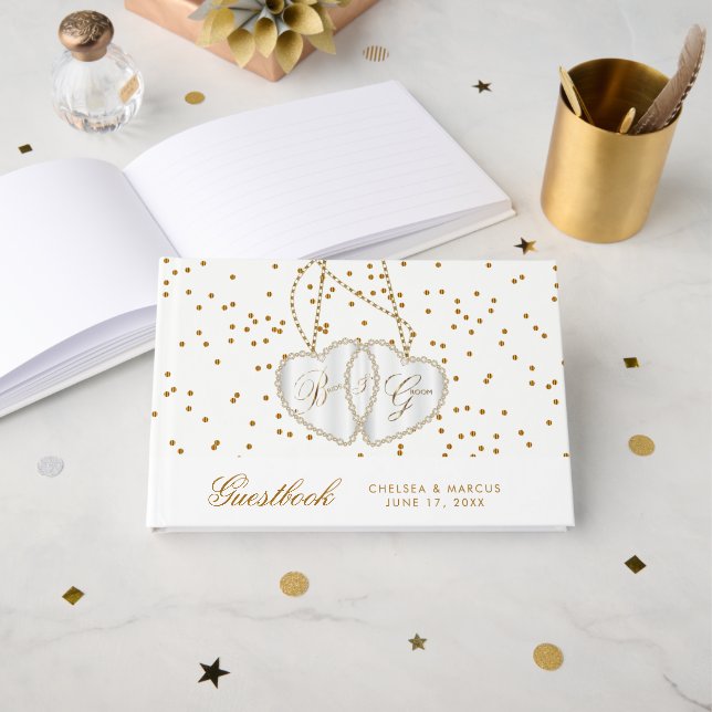 Confetti Gold Dots and Hearts on White - Guestbook (Front Open)