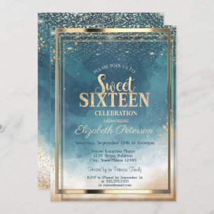 Confetti Gold Frame Watercolor Splash Sweet 16 Invitation