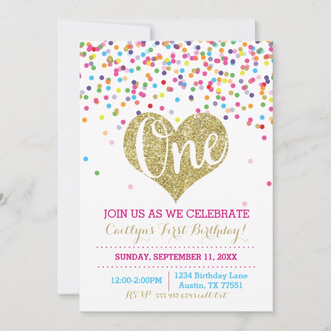Confetti Gold Glitter First Birthday Invitation (Front)