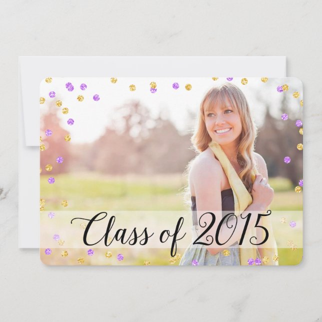 Confetti Gold Purple Photo 2015 Graduation Invitation (Front)