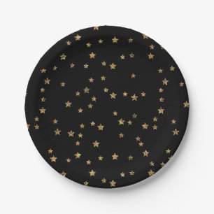Confetti golden stars glitter shine elegant black  paper plate