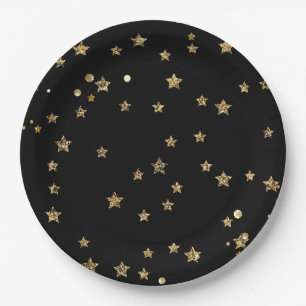 Confetti golden stars glitter shine elegant black paper plate