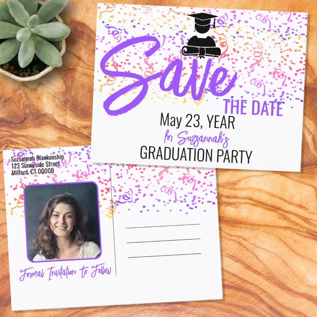 Confetti Graduation Custom Photo Save The Date Announcement Postcard (Creator Uploaded)