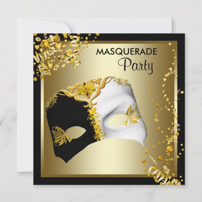 Confetti Mask Black Gold Masquerade Party Invitation (Front)