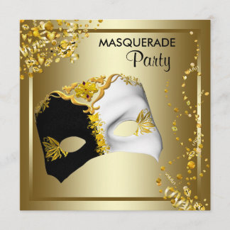 Confetti Mask Black Gold Masquerade Party Invitation