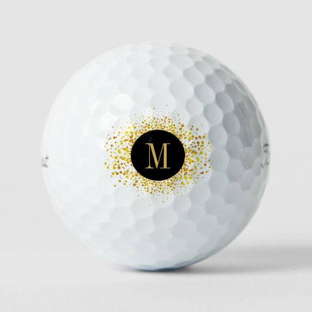 Confetti Monogram Gold Foil Black ID445 Golf Balls (Front)