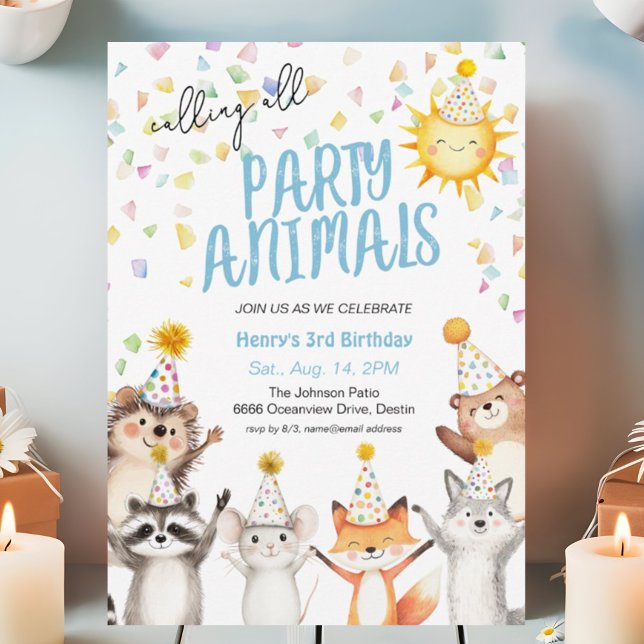 Confetti Party Forest Animals Party Hats Birthday Invitation (Creator Uploaded)