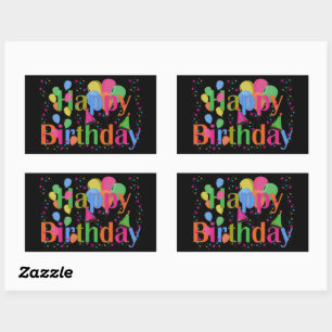 Confetti, Party Hats & Balloons Birthday Black Rectangular Sticker