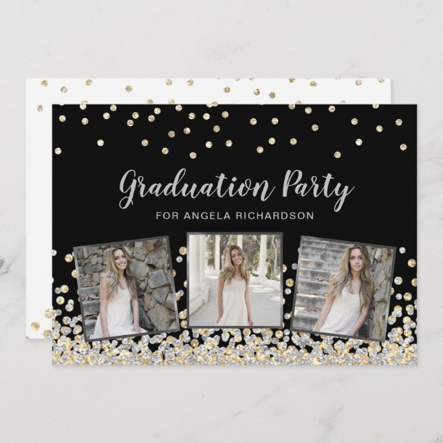 Confetti Photo Collage Silver Graduation Party Invitation (Front/Back)