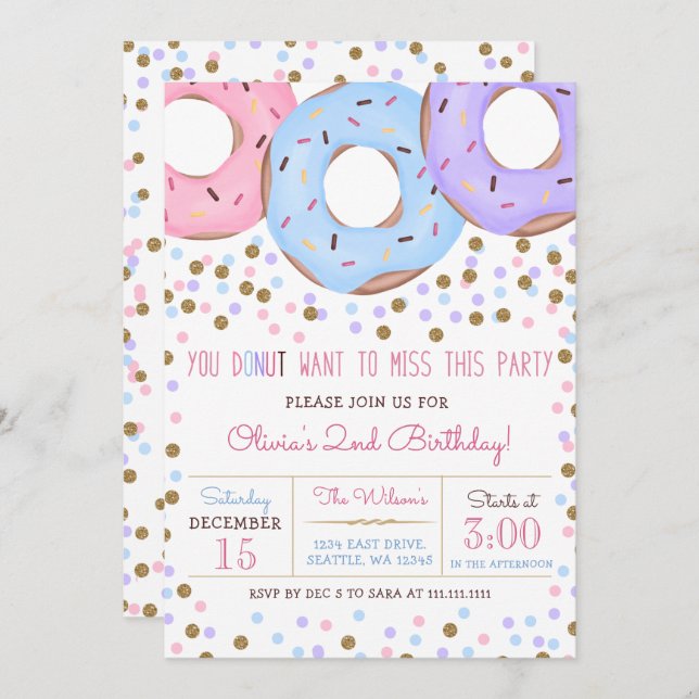 Confetti pink  gold doughnuts birthday party invitation (Front/Back)