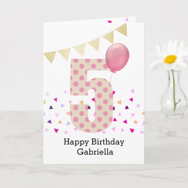 Confetti Pink Polka Dot 5th Birthday Card (Small Plant)