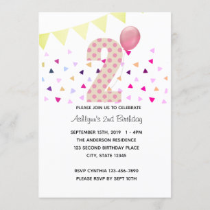 Confetti Pink Polka Dot Gold 2nd Birthday Girl Invitation