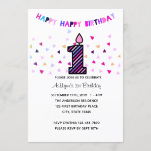 Confetti Pink Purple  1st Birthday Girl Invitation
