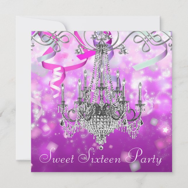 Confetti Pink Purple Chandelier Sweet Sixteen Invitation (Front)