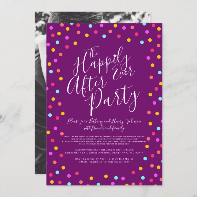Confetti purple happily ever after wedding party invitation (Front/Back)
