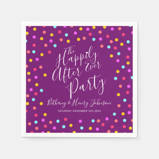 Confetti purple happily ever after wedding party napkin (Front)