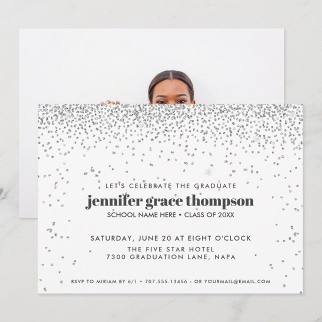 Confetti Silver and White Photo Graduation Party Invitation (Front/Back)