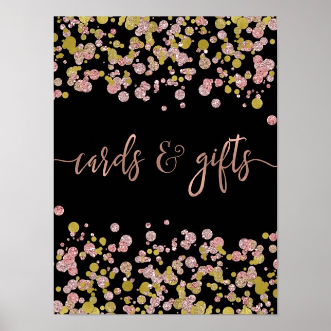 Confetti Sparkle Rose Gold Wedding Cards & Gifts Poster (Front)