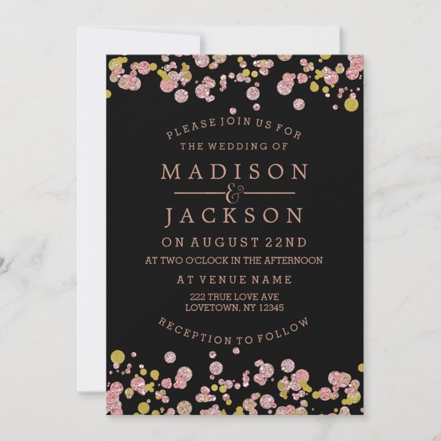 Confetti Sparkle Rose Gold Wedding Invitations (Front)