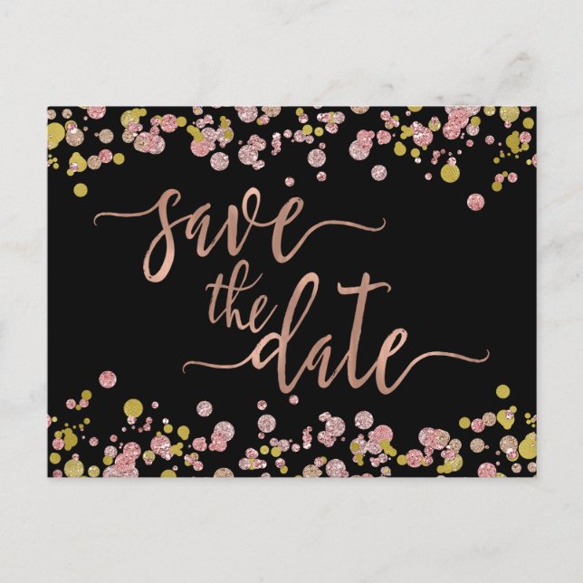 Confetti Sparkle Rose Gold Wedding Save the Date Announcement Postcard (Front)