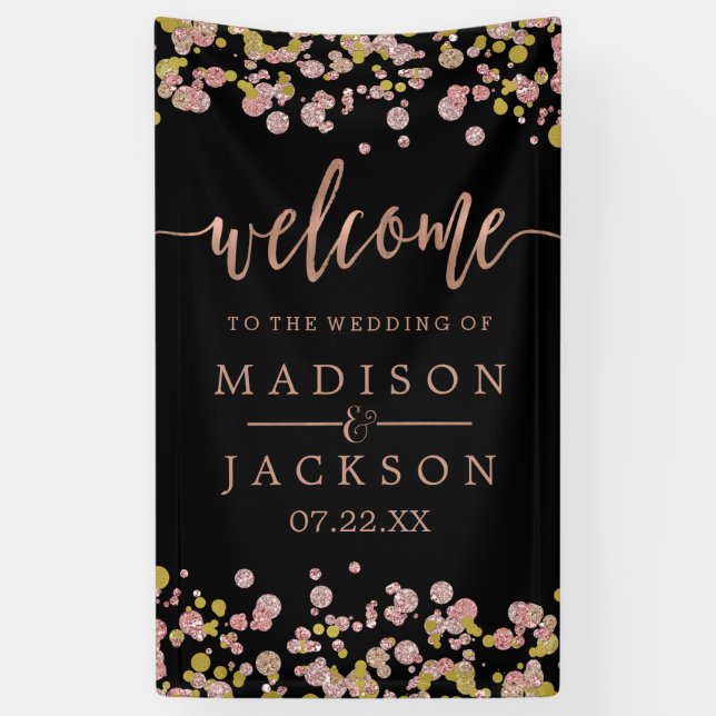 Confetti Sparkle Shine Rose Gold Wedding Welcome Banner (Vertical)