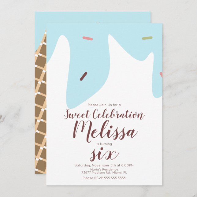 Confetti Sprinkles Dripping Ice Cream Cone Blue Invitation (Front/Back)