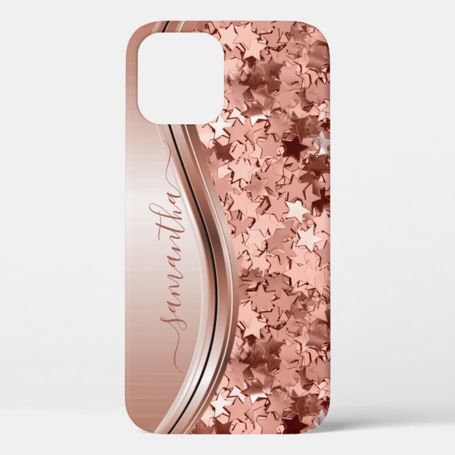 Confetti Stars Rose Gold Handwritten Name Metal Case-Mate iPhone Case (Back)