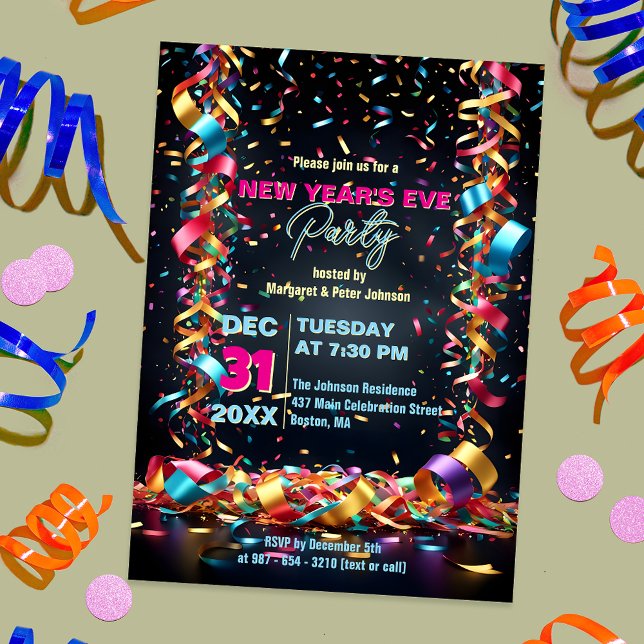 Confetti Streamers Ribbons New Year's Eve Party Invitation (Creator Uploaded)