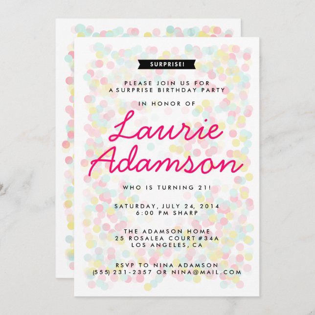 Confetti Surprise Birthday Party Invitations (Front/Back)