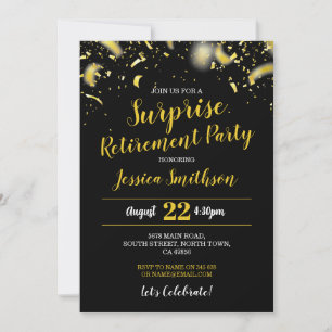 Confetti Surprise Retirement Party Black Gold  Invitation
