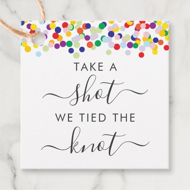 Confetti Take a Shot We Tied the Knot Wedding Favour Tags (Front)