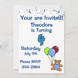 Confetti, Teddy Bear, Balloons Boys 4th Birthday Invitation