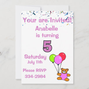Confetti, Teddy Bear, Balloons Girl's 5th Birthday Invitation