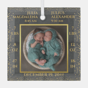 Confetti Twin Baby Name Birth Stats Photo Keepsake Glass Tree Decoration