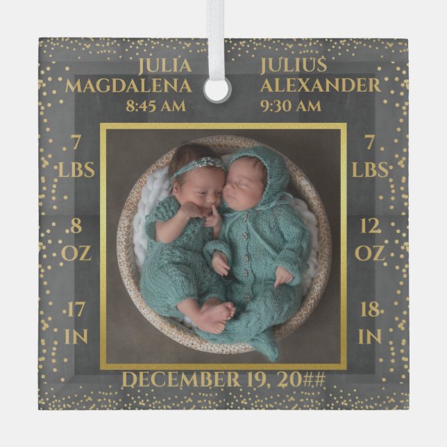 Confetti Twin Baby Name Birth Stats Photo Keepsake Glass Tree Decoration (Front)