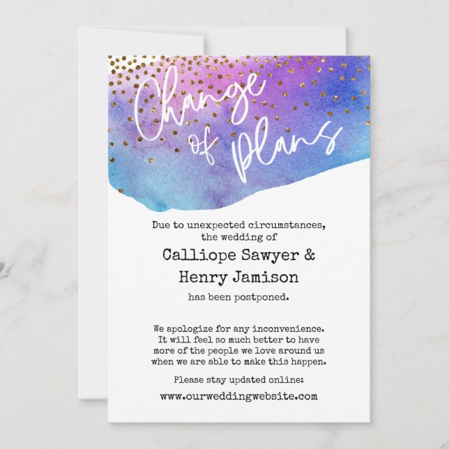 Confetti & Watercolor Postponed Wedding Card (Front)