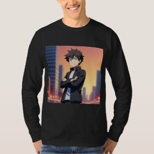 Confident Anime Boy in City at Sunset – Digital Ar T-Shirt