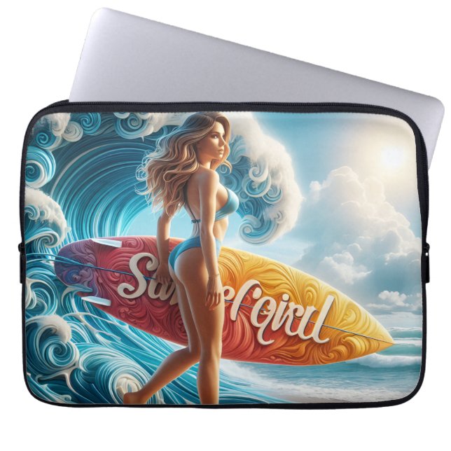 Confident Surfer Girl Walking Beach Waves Art Laptop Sleeve (Front)