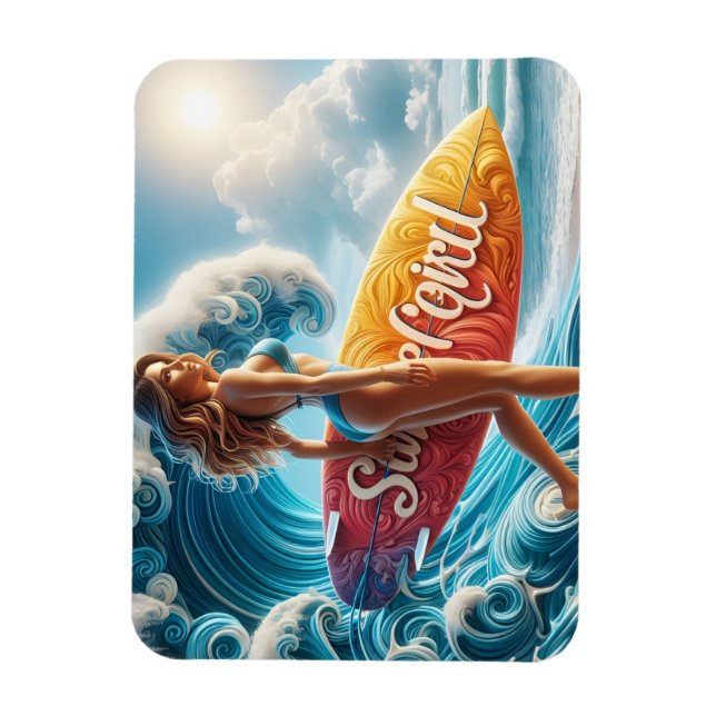 Confident Surfer Girl Walking Beach Waves Art Magnet (Vertical)