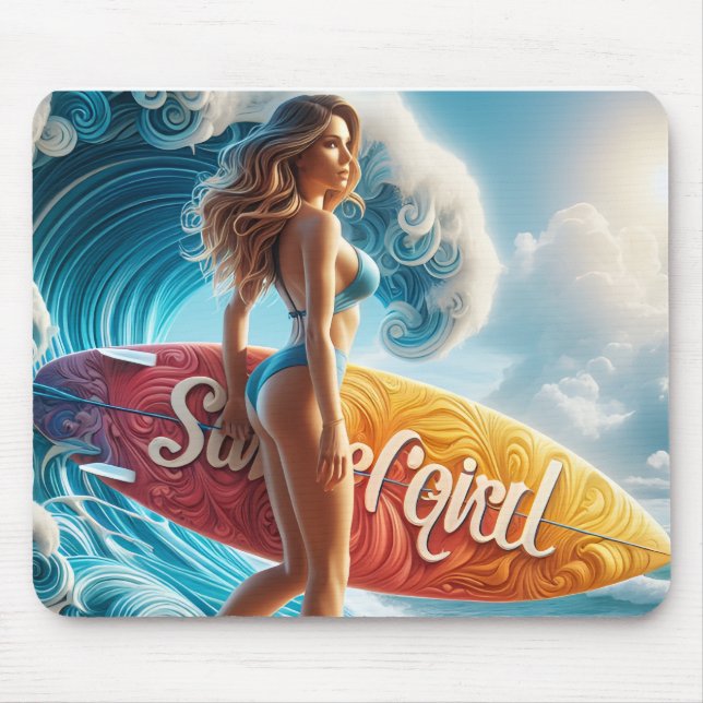 Confident Surfer Girl Walking Beach Waves Art Mouse Pad (Front)