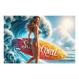 Confident Surfer Girl Walking Beach Waves Art Photo Print