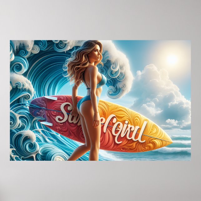 Confident Surfer Girl Walking Beach Waves Art Poster (Front)
