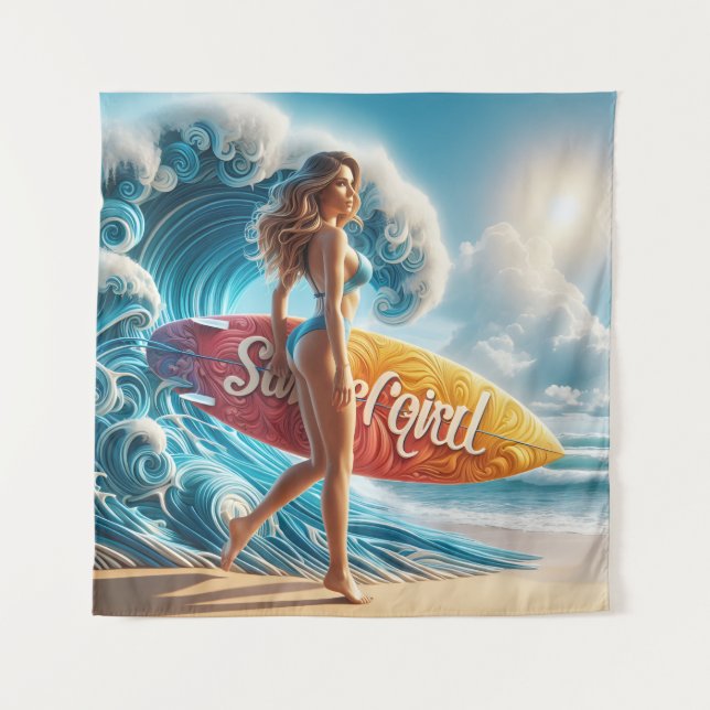 Confident Surfer Girl Walking Beach Waves Art Tapestry (Front)
