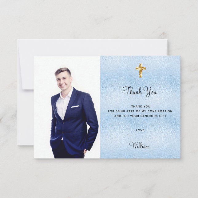 Confirmantion photo cross blue boy thank you card (Front)