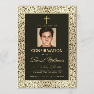 Confirmation Black Gold Boy Photo Vintage Floral Invitation