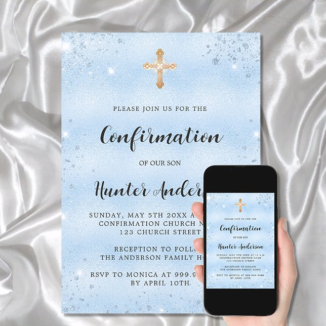 Confirmation blue boy elegant script simple invitation (Creator Uploaded)